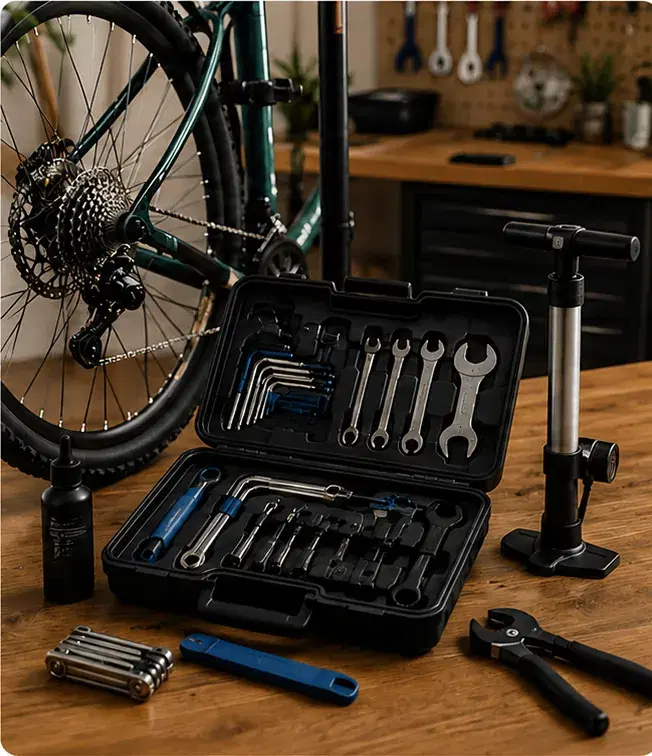 An open bike tool case of hex keys and wrenches, beside a bicycle and a floor pump