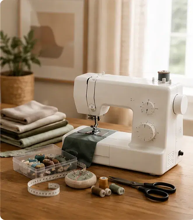 A sewing machine on a table with folded fabric, threads and scissors