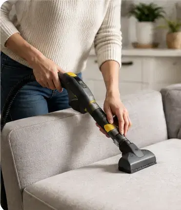 A resident cleaning a sofa with a handheld steam cleaner