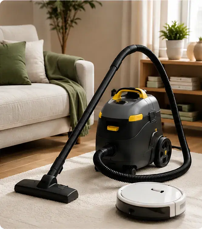 A vacuum cleaner and a robot vacuum on a rug in a living room